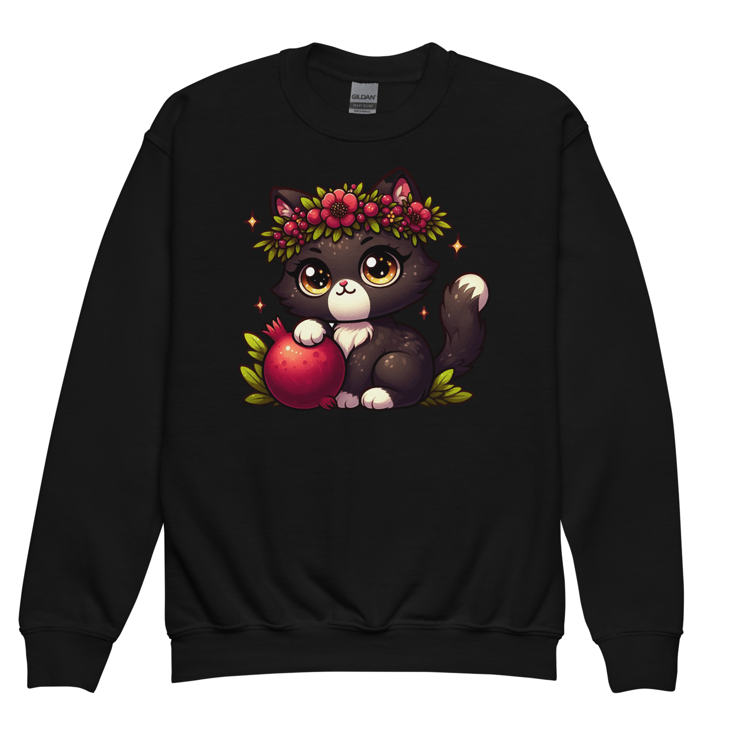Black Kitten with Red Flowers - Youth Sweatshirt