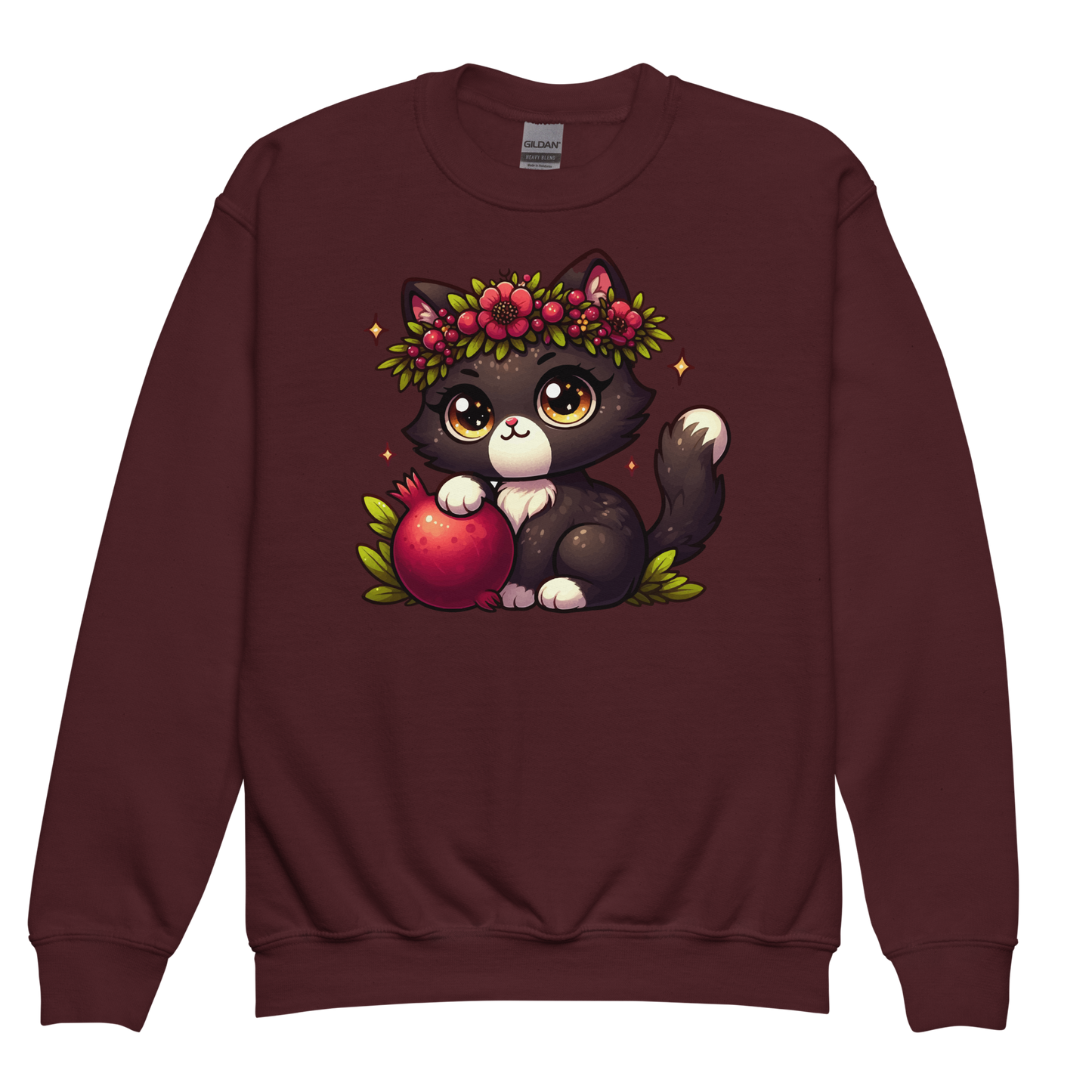 Black Kitten with Red Flowers - Youth Sweatshirt