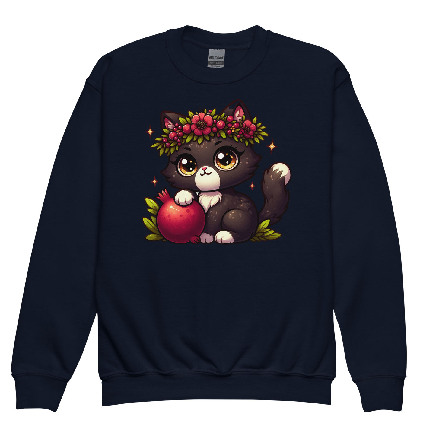 Black Kitten with Red Flowers - Youth Sweatshirt