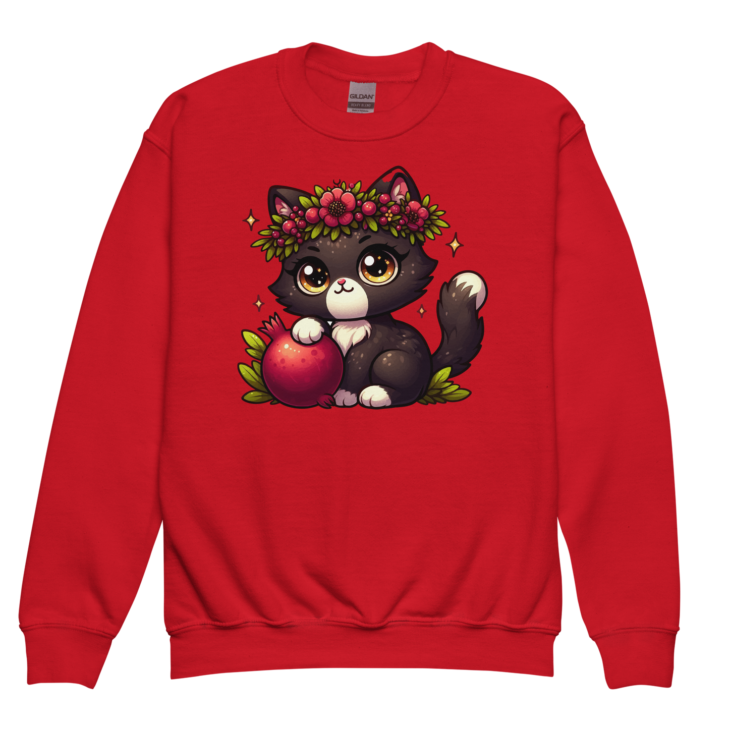 Black Kitten with Red Flowers - Youth Sweatshirt