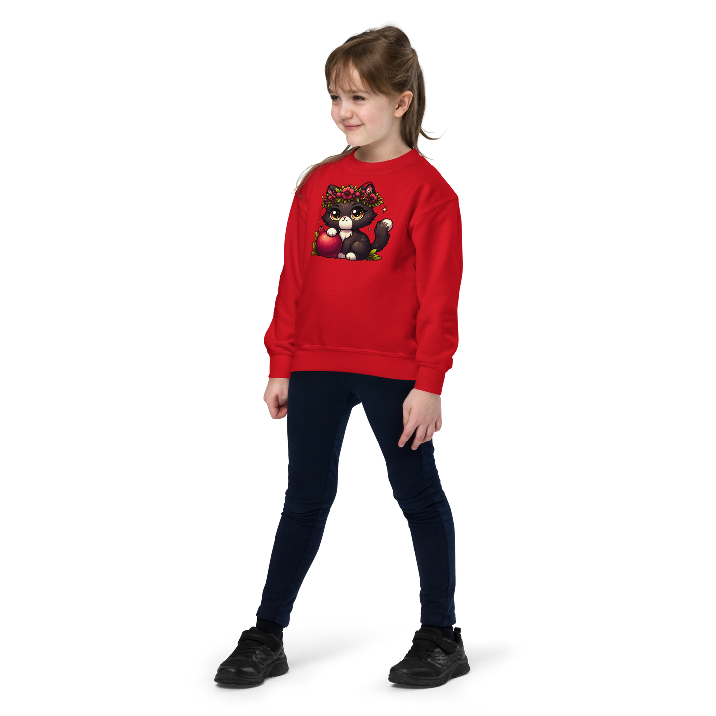 Black Kitten with Red Flowers - Youth Sweatshirt