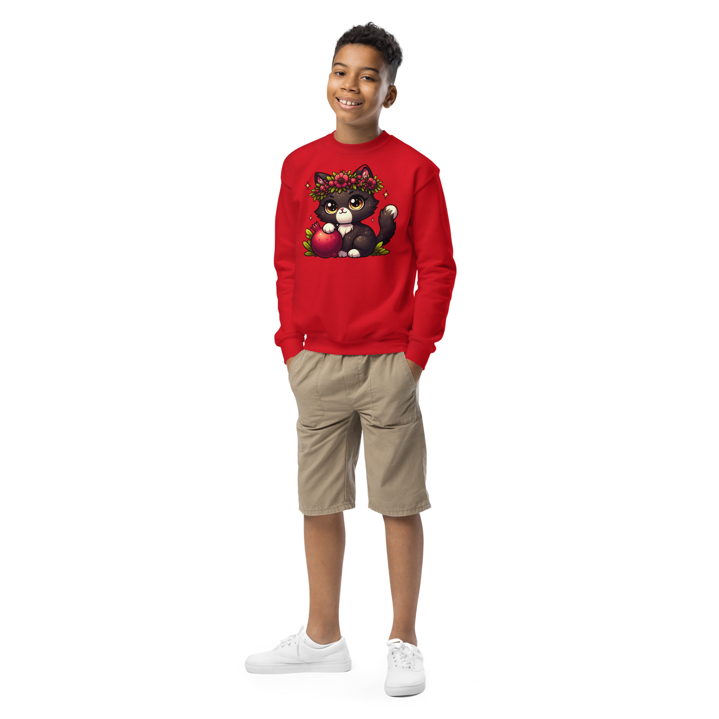 Black Kitten with Red Flowers - Youth Sweatshirt