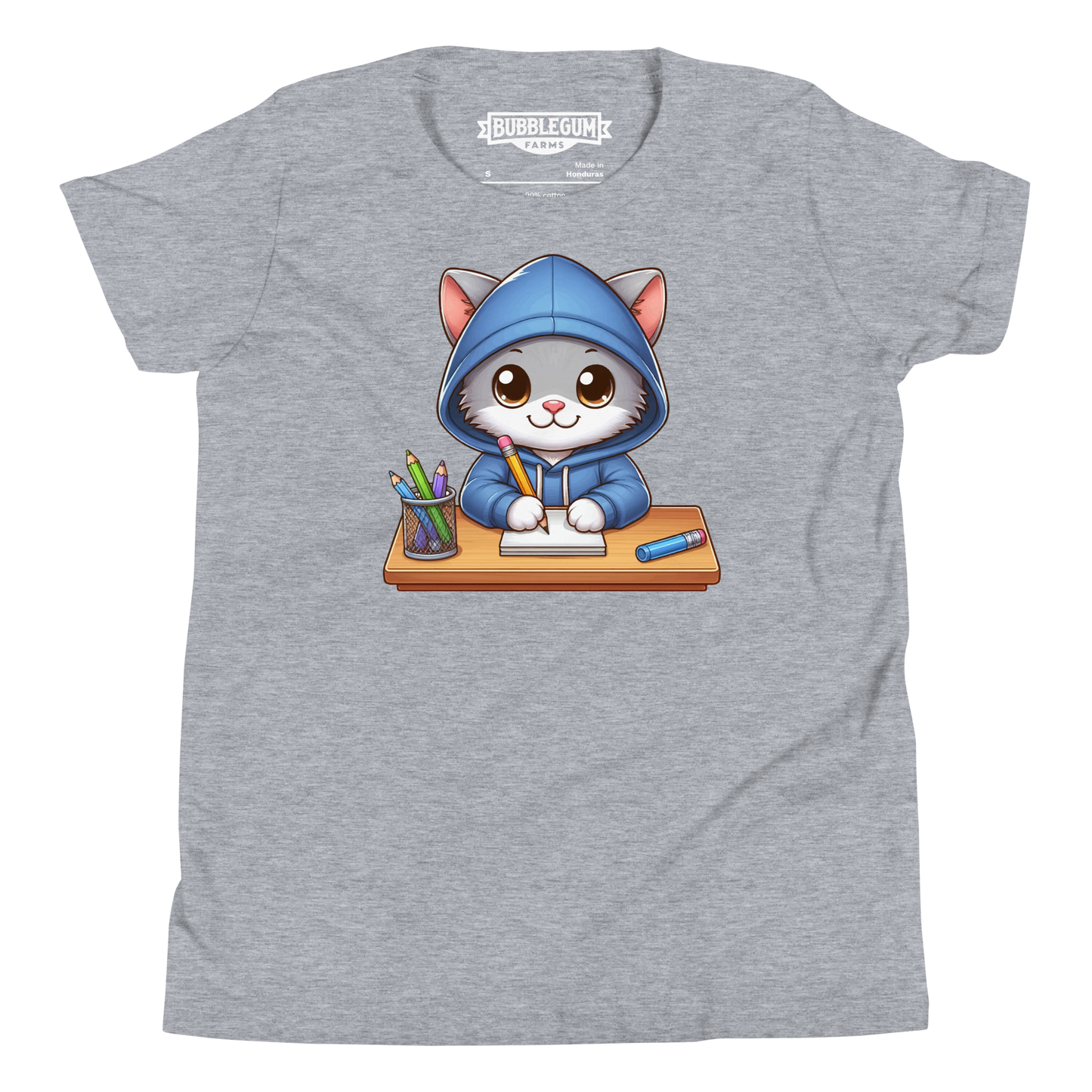 Grey Kitten Doing School - Youth Staple Tee
