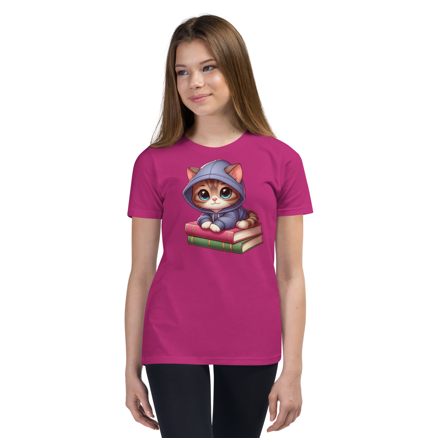 Brown Kitten - Sitting on Books - Youth Staple Tee