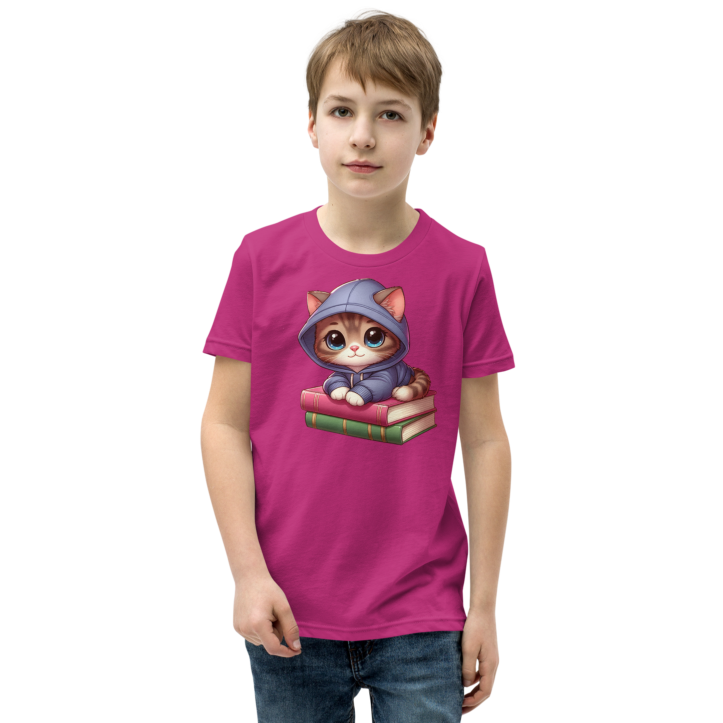Brown Kitten - Sitting on Books - Youth Staple Tee