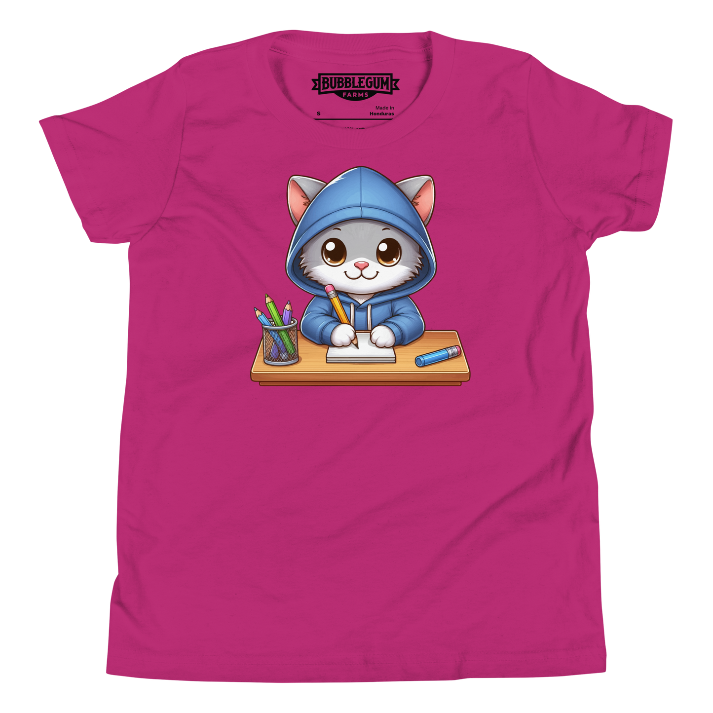 Grey Kitten Doing School - Youth Staple Tee