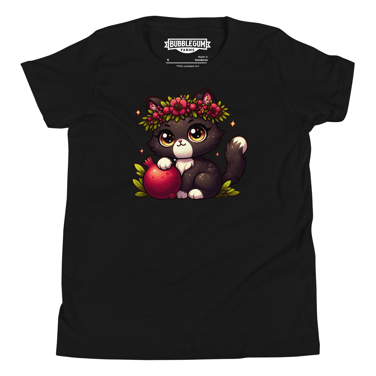 Black Kitten with Red Flowers - Youth Staple Tee