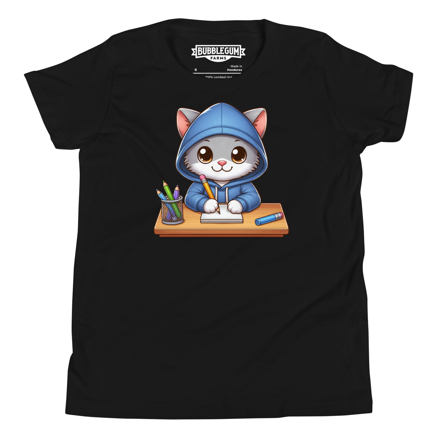 Grey Kitten Doing School - Youth Staple Tee