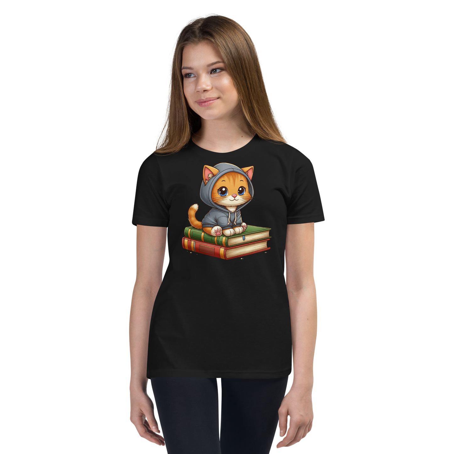 Orange Kitten - Sitting on Books - Youth Staple Tee