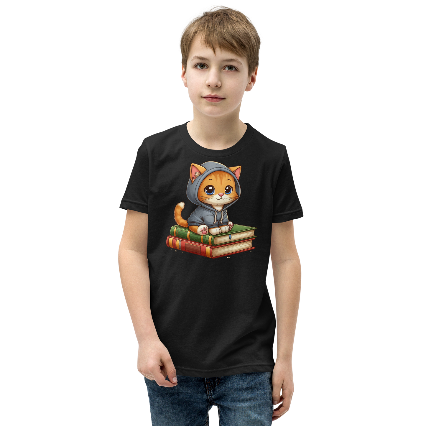 Orange Kitten - Sitting on Books - Youth Staple Tee