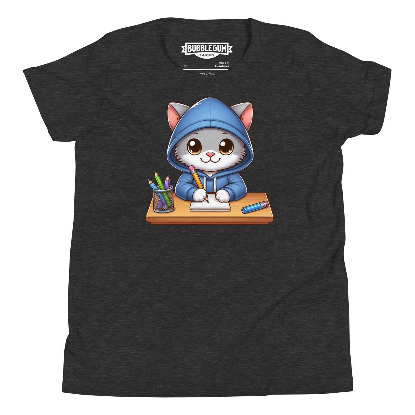 Grey Kitten Doing School - Youth Staple Tee