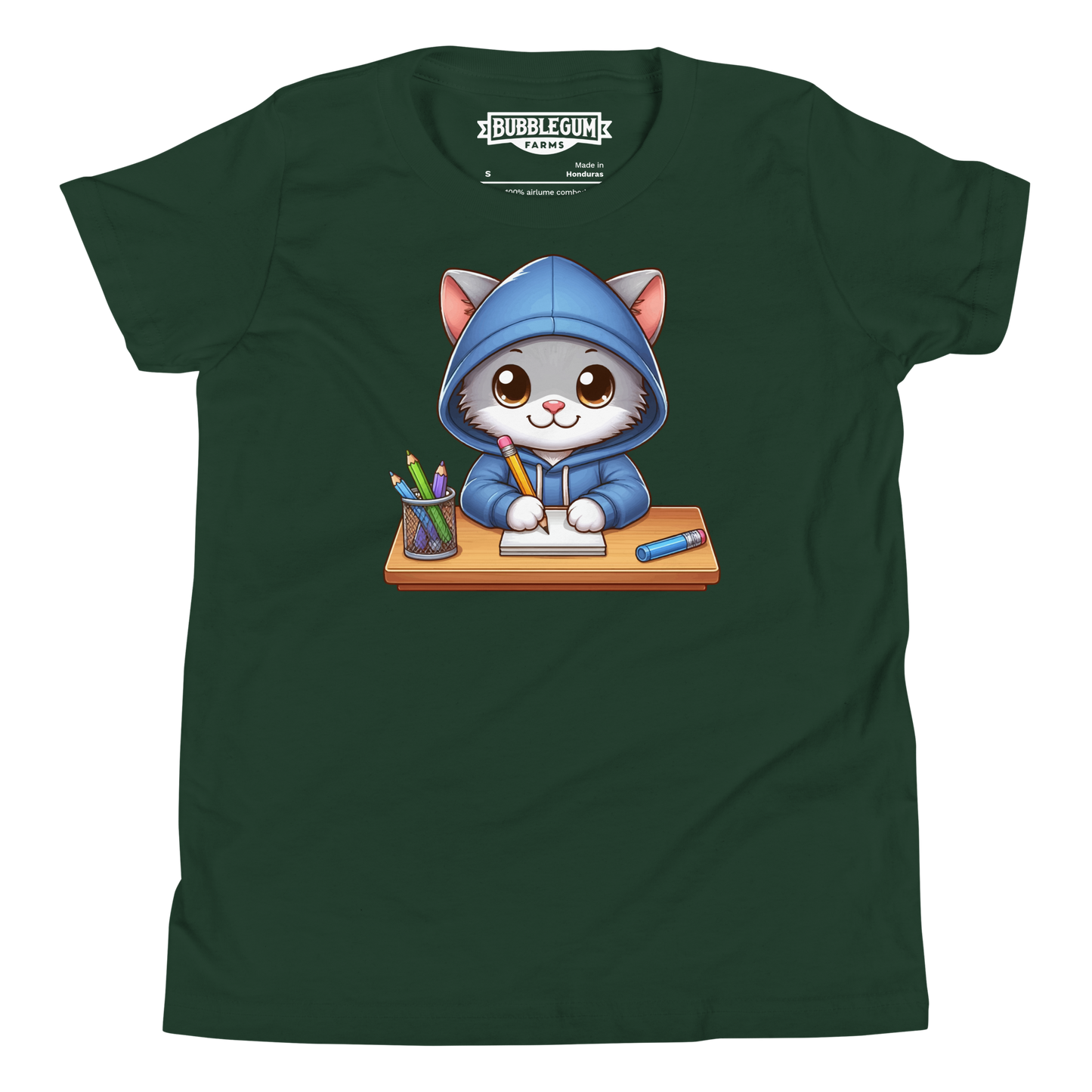 Grey Kitten Doing School - Youth Staple Tee
