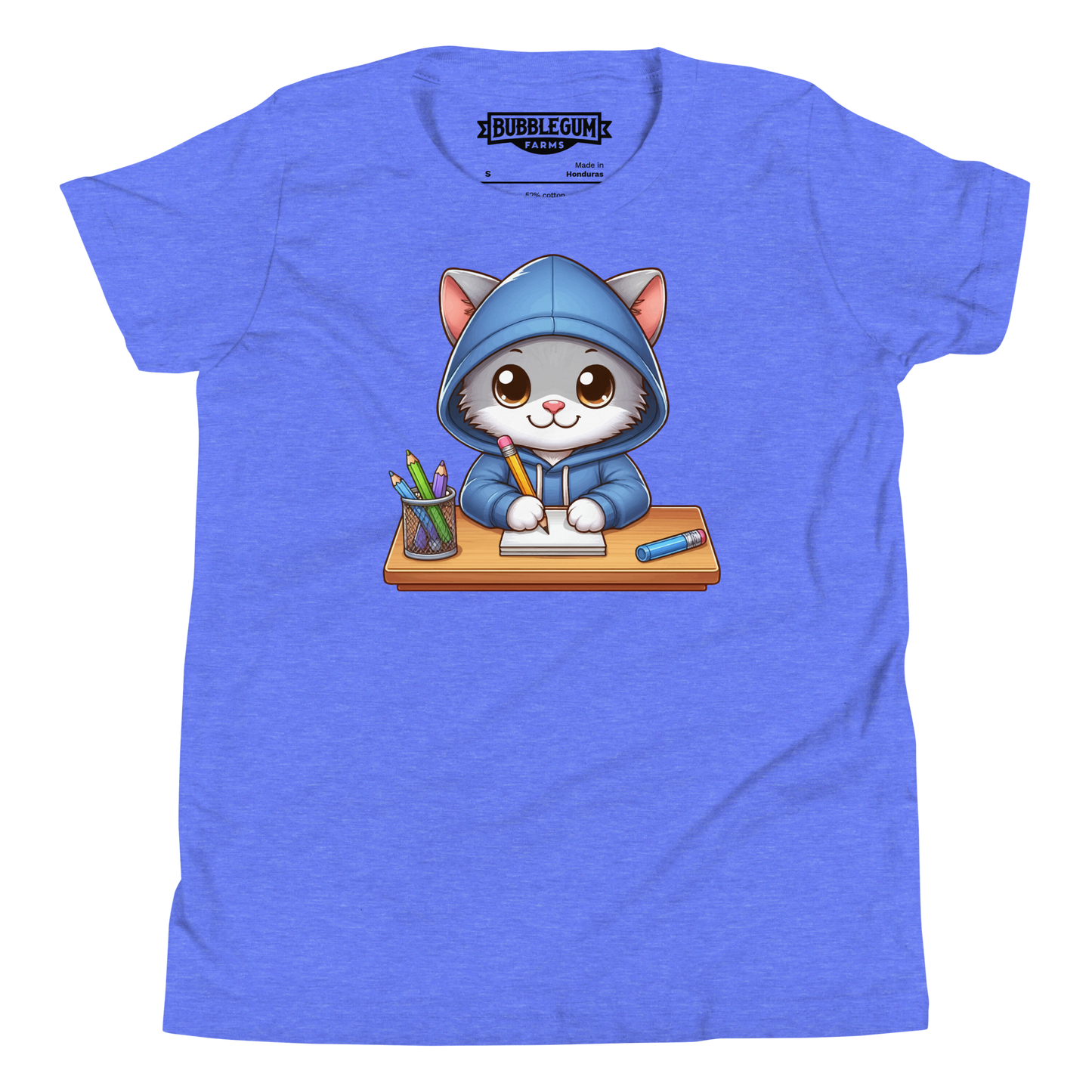 Grey Kitten Doing School - Youth Staple Tee