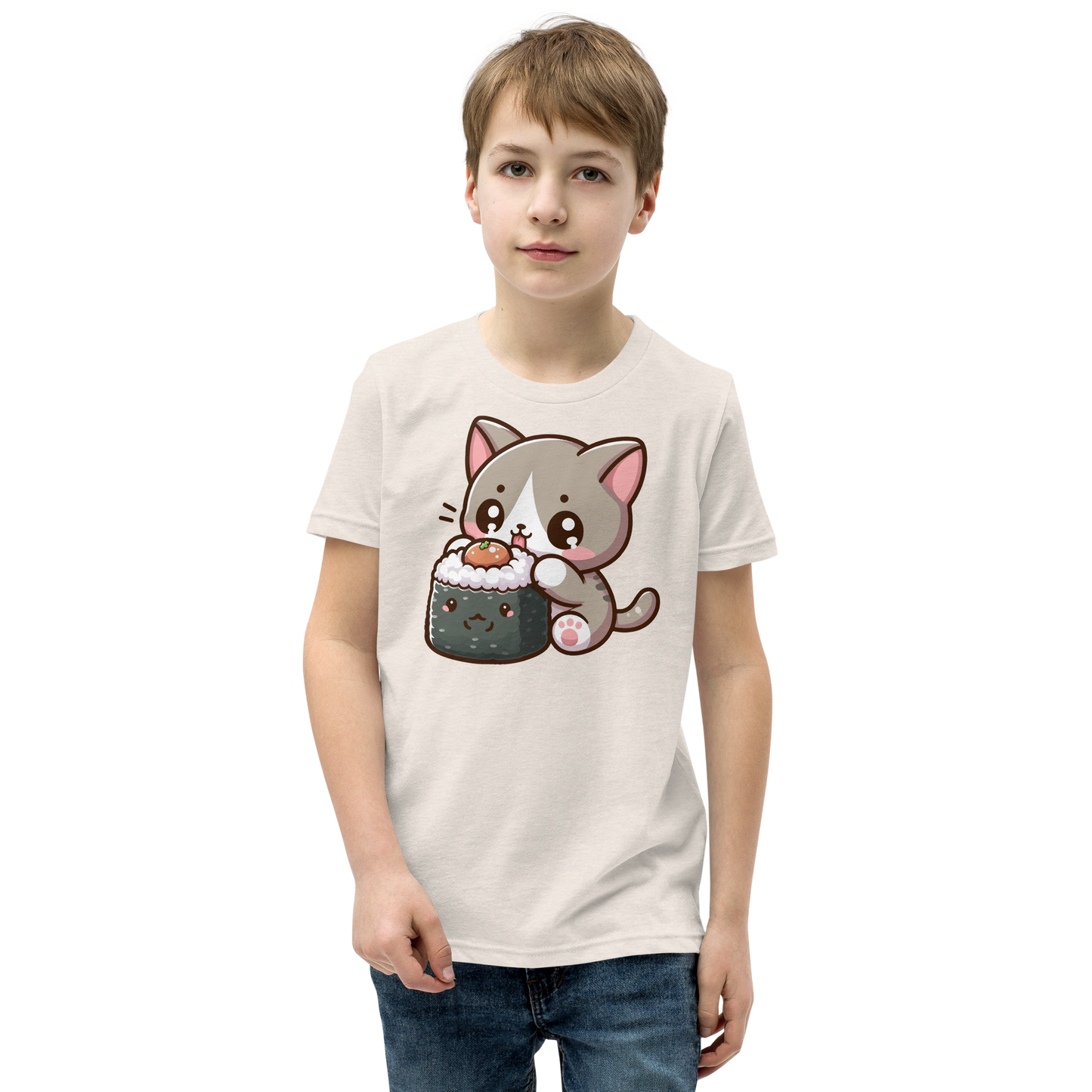 Grey Kitten - Eating Sushi - Youth Staple Tee