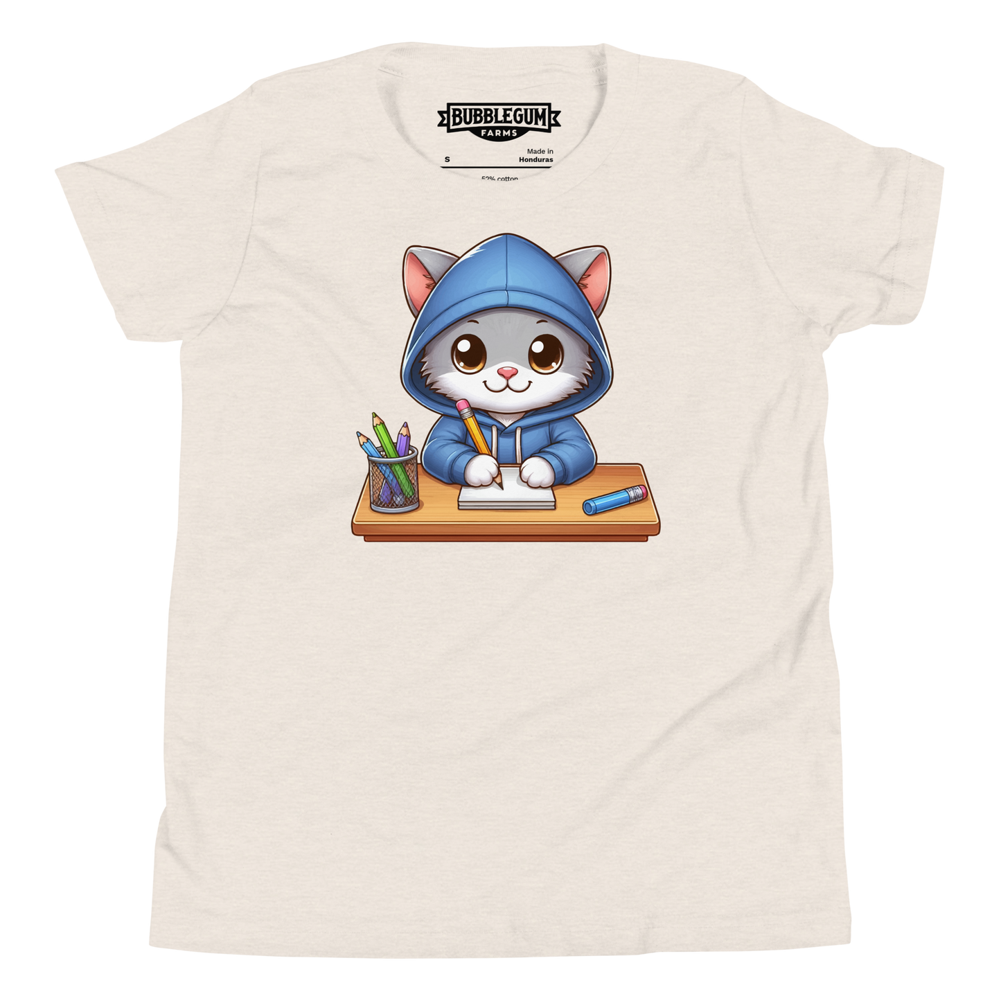 Grey Kitten Doing School - Youth Staple Tee