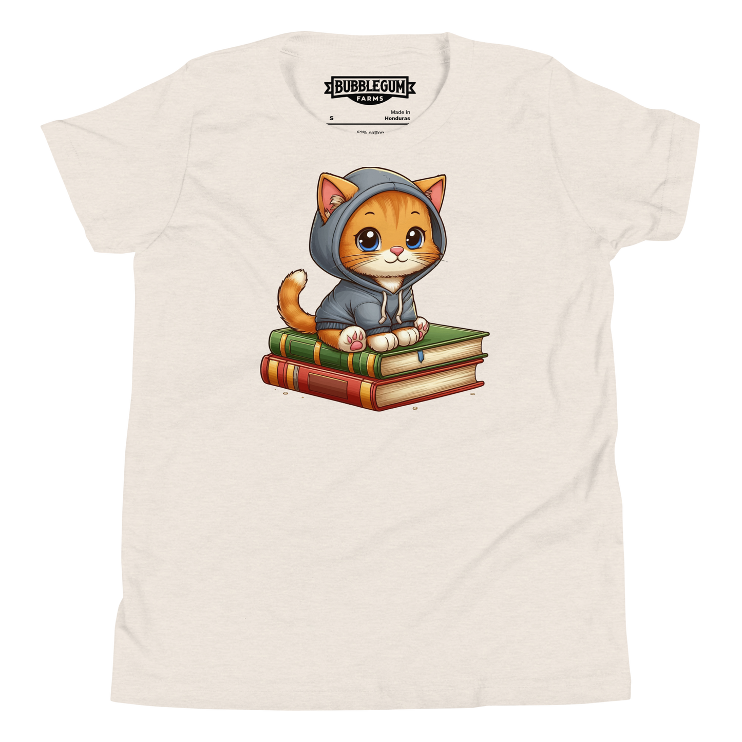 Orange Kitten - Sitting on Books - Youth Staple Tee