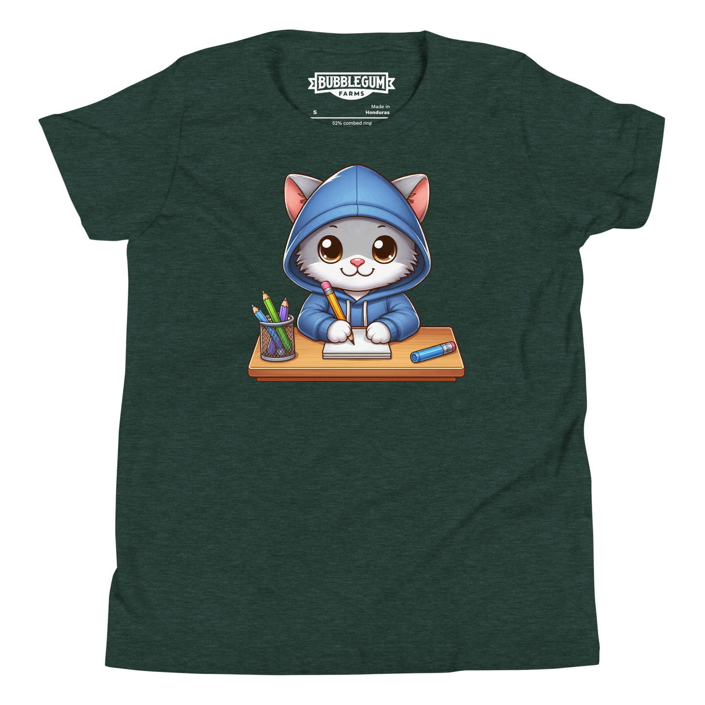 Grey Kitten Doing School - Youth Staple Tee
