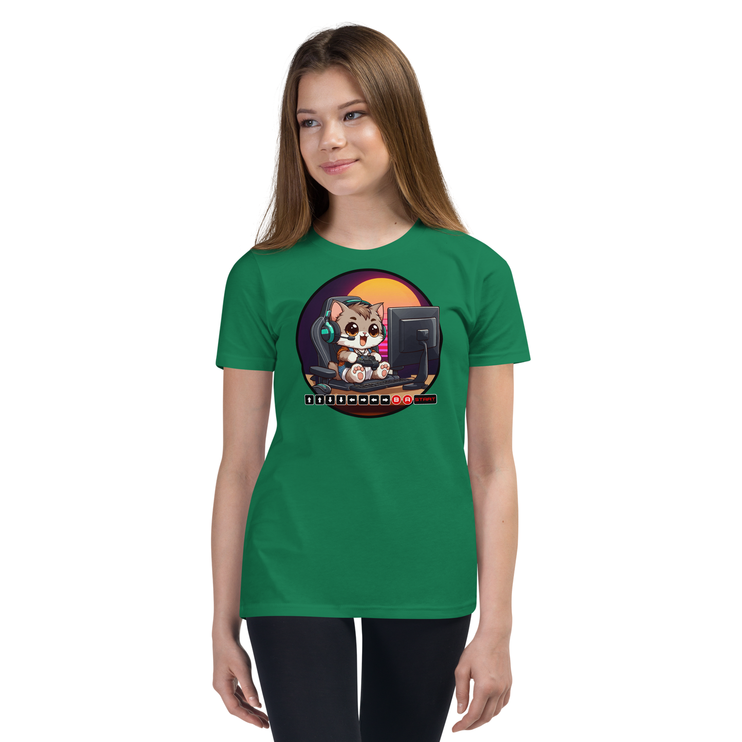 Gamer Kitten - Green Headset - Youth Staple Tee
