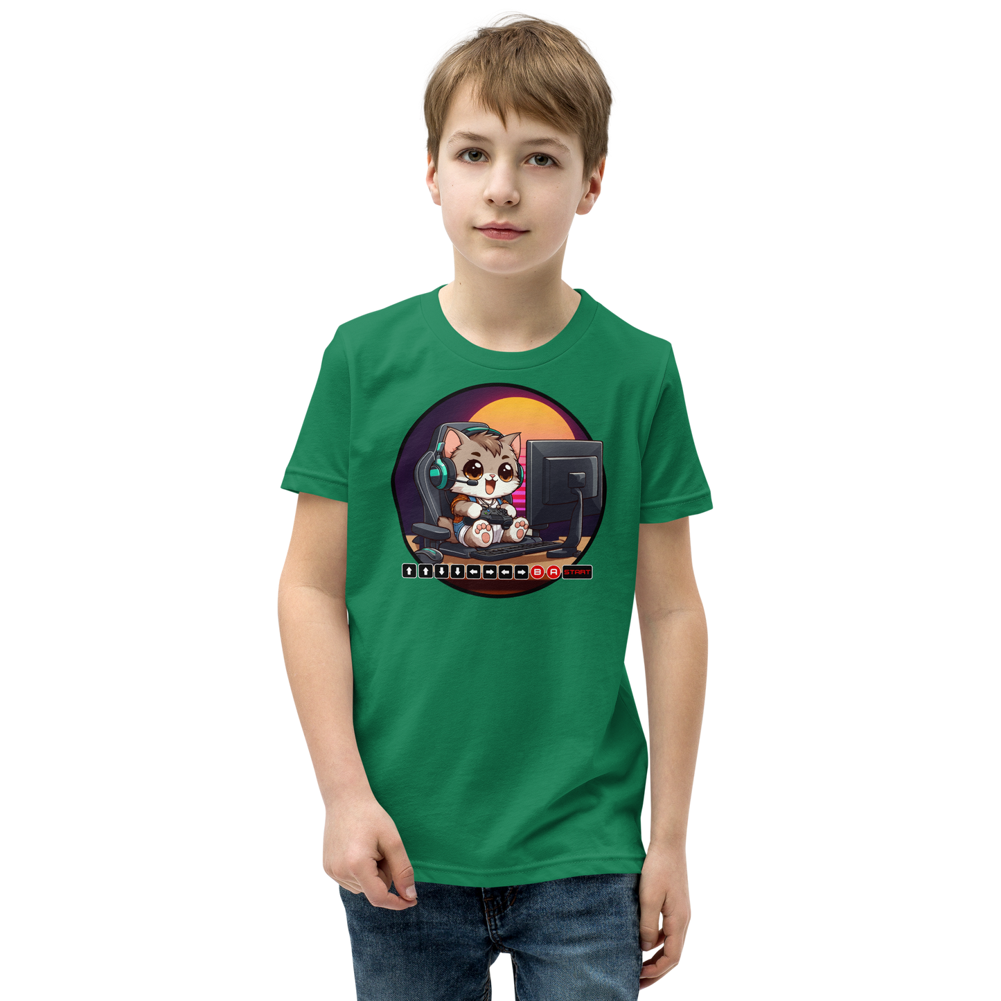 Gamer Kitten - Green Headset - Youth Staple Tee