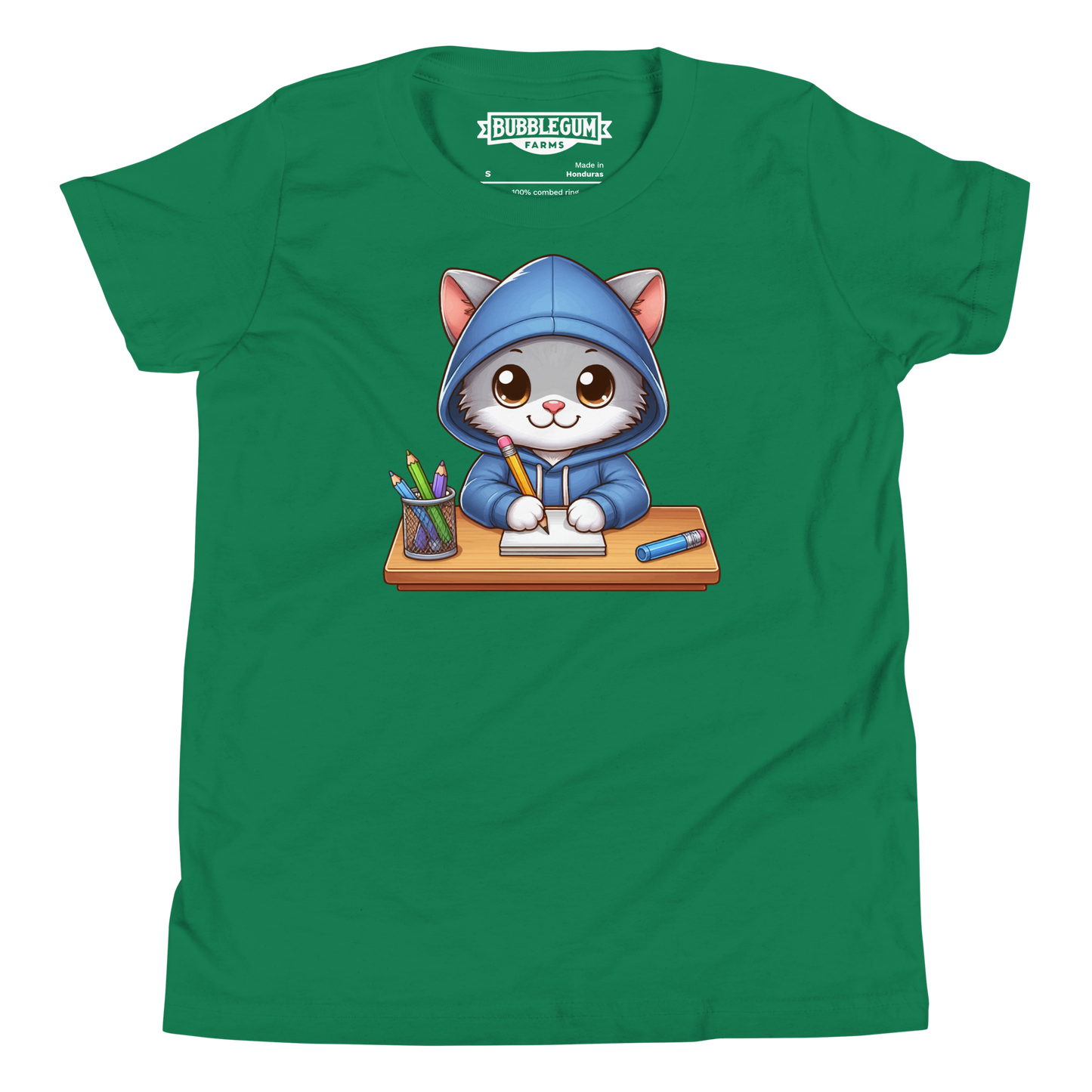 Grey Kitten Doing School - Youth Staple Tee