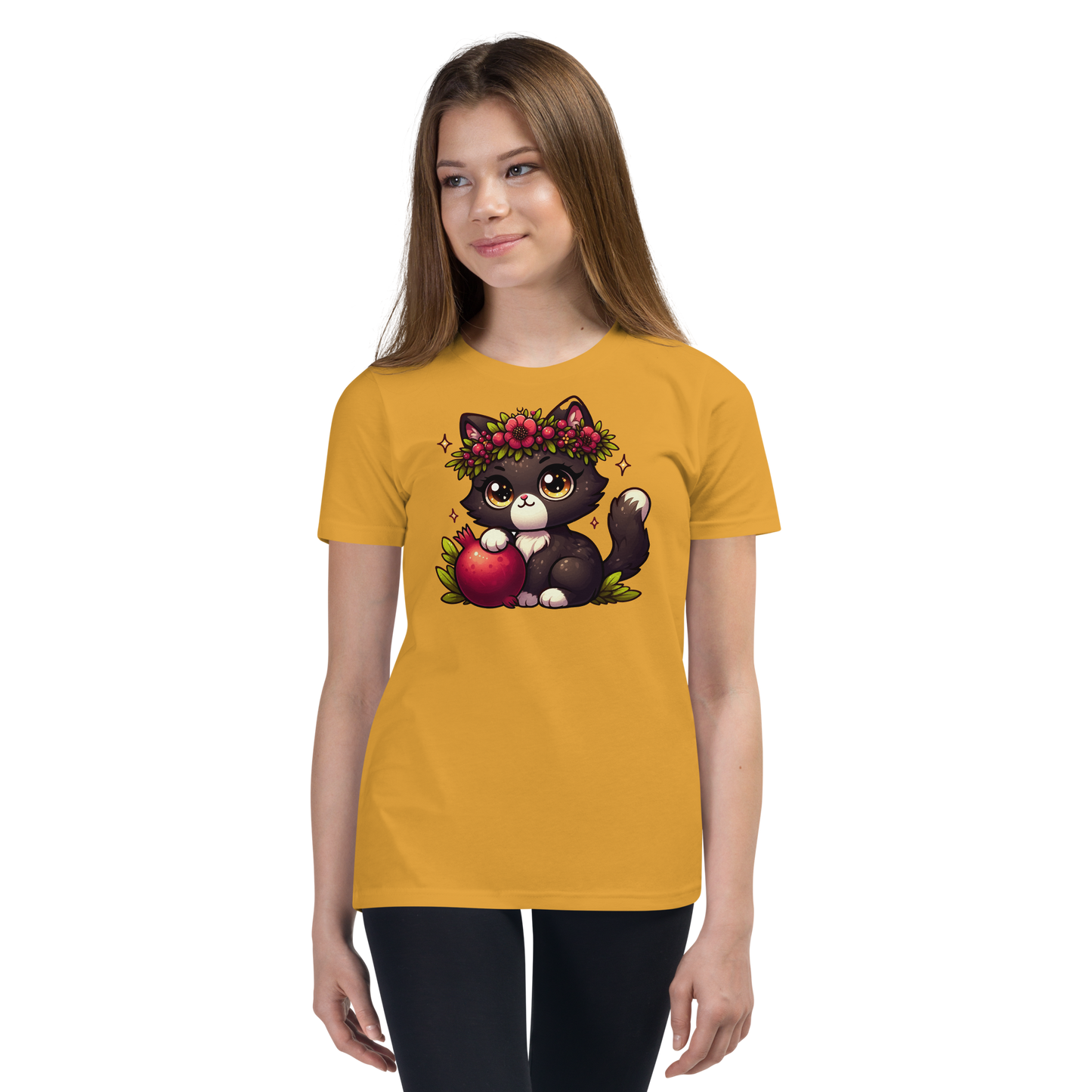 Black Kitten with Red Flowers - Youth Staple Tee