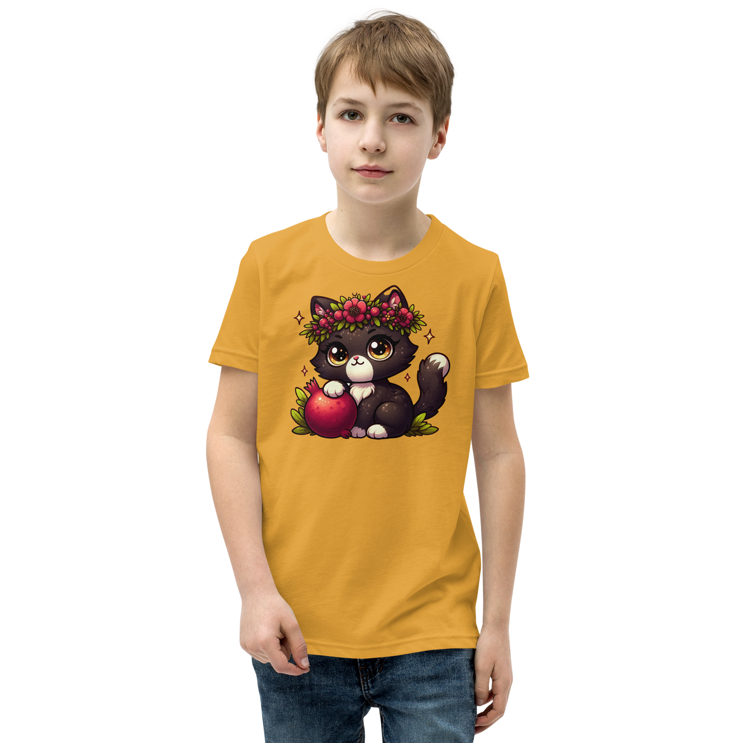 Black Kitten with Red Flowers - Youth Staple Tee