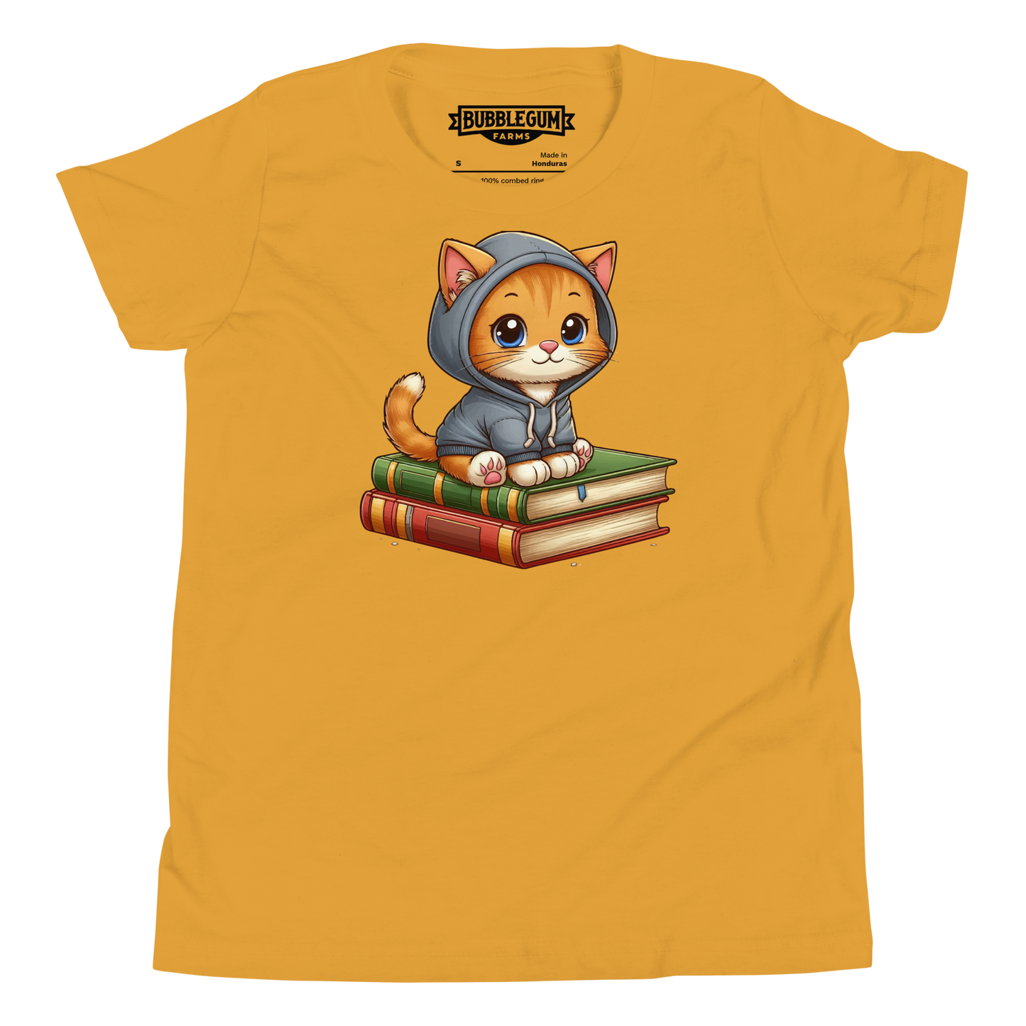Orange Kitten - Sitting on Books - Youth Staple Tee