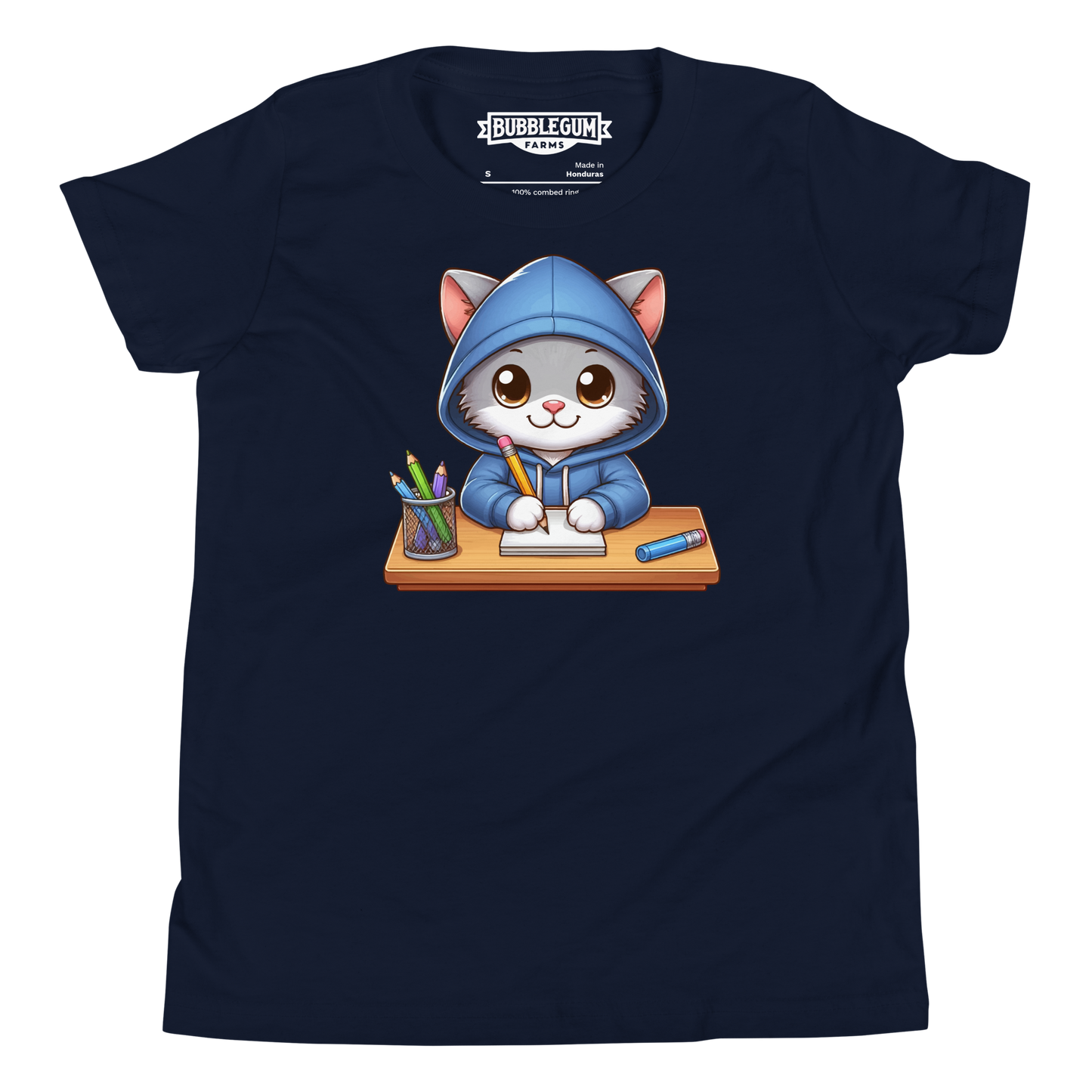 Grey Kitten Doing School - Youth Staple Tee