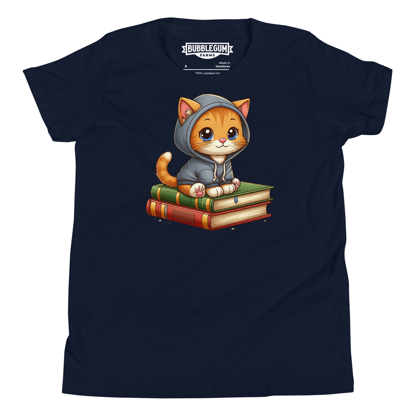 Orange Kitten - Sitting on Books - Youth Staple Tee