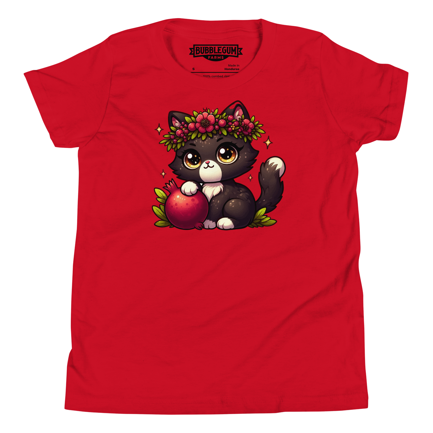 Black Kitten with Red Flowers - Youth Staple Tee
