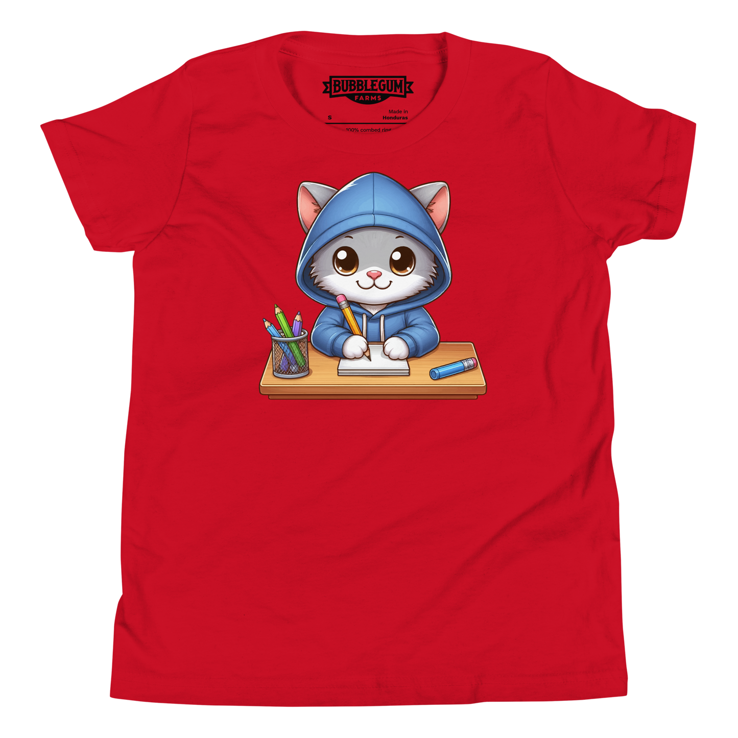 Grey Kitten Doing School - Youth Staple Tee