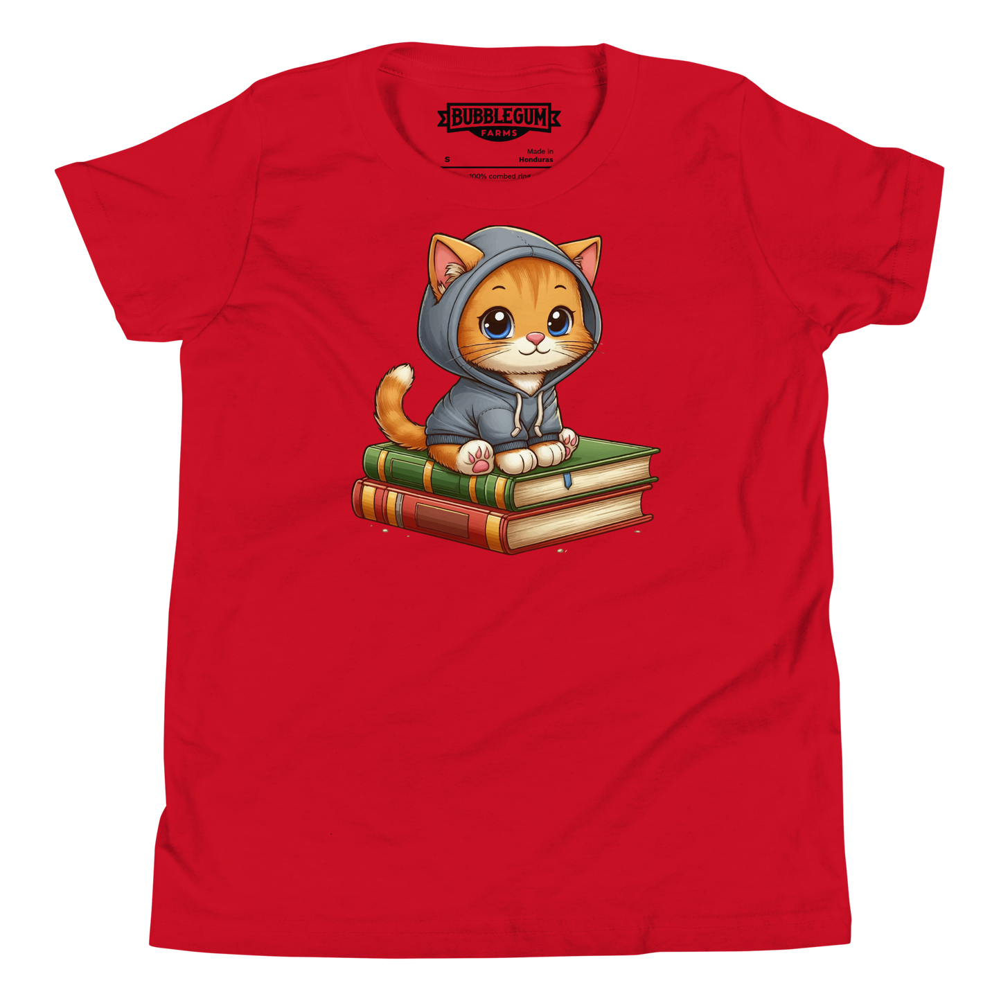 Orange Kitten - Sitting on Books - Youth Staple Tee