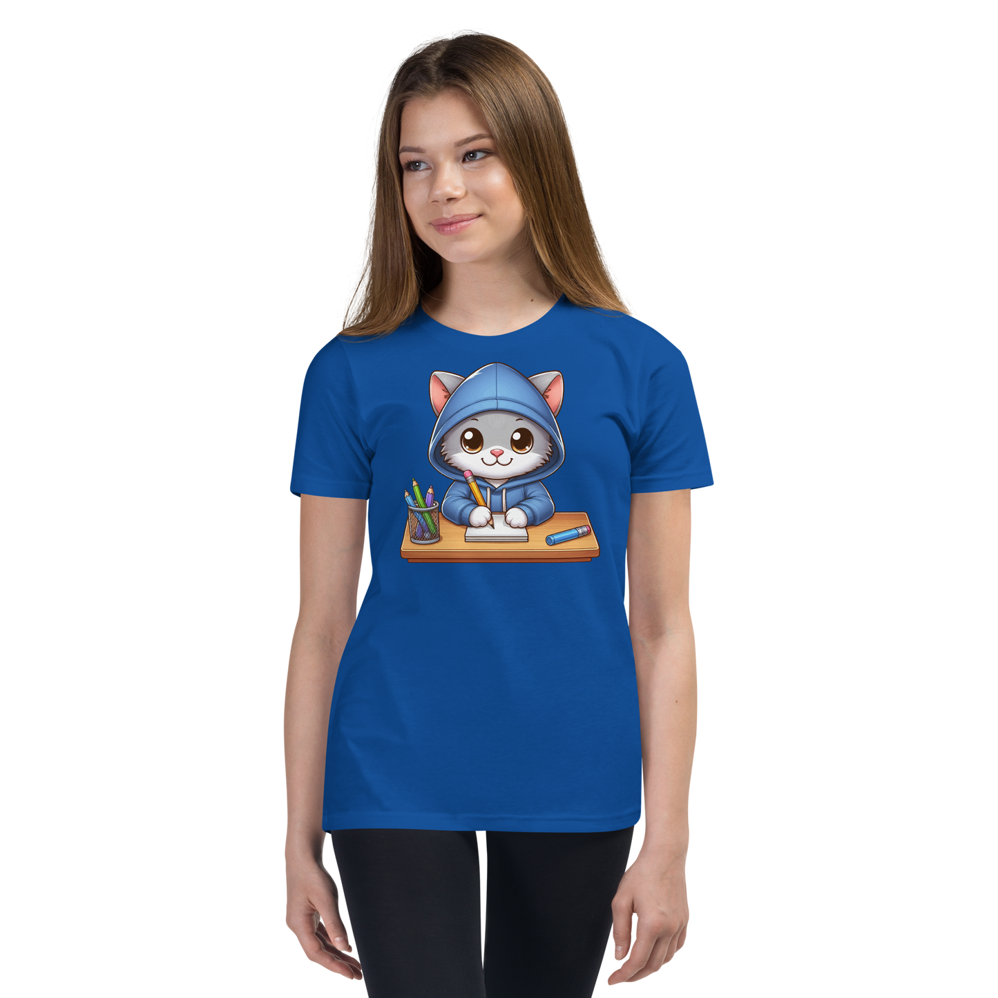 Grey Kitten Doing School - Youth Staple Tee