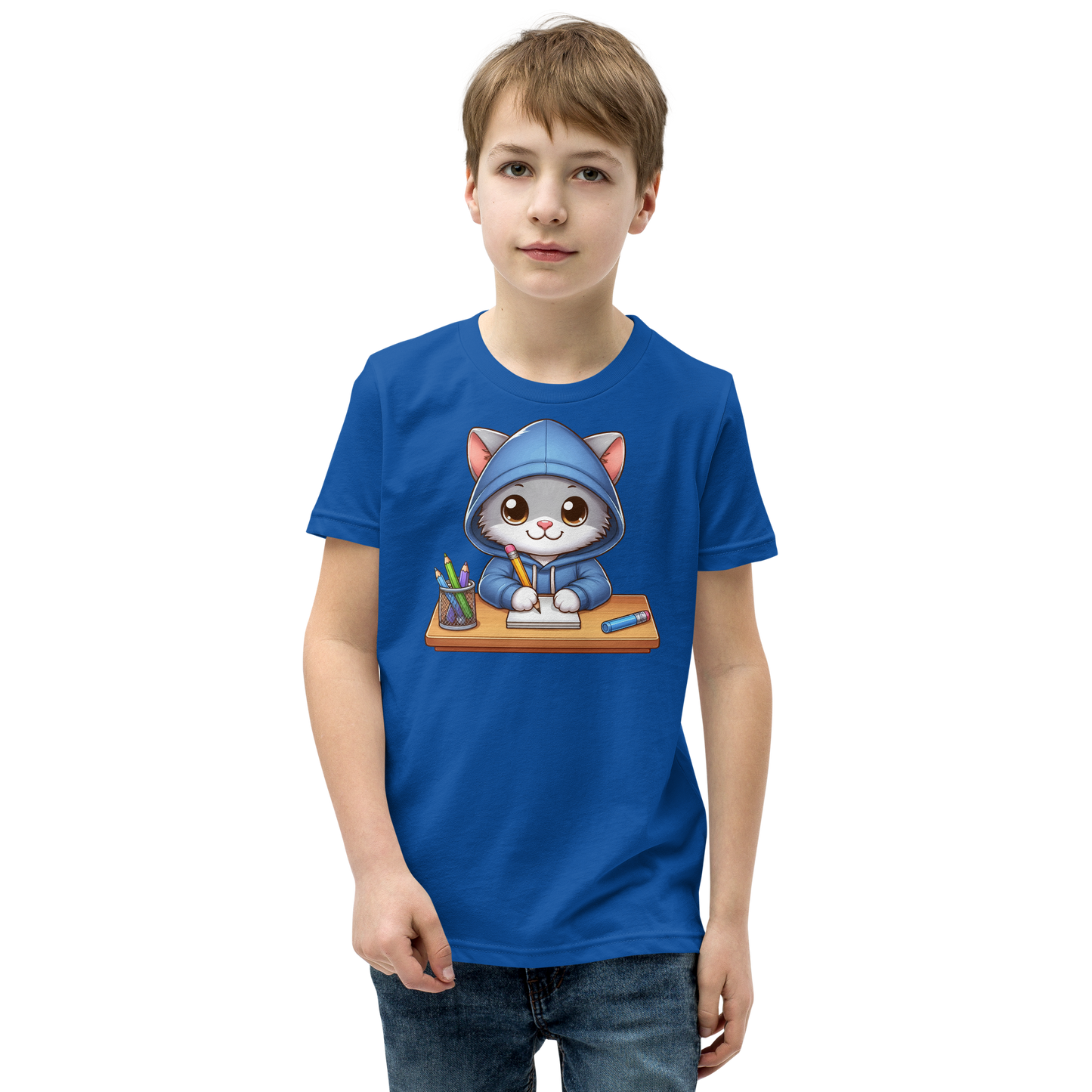 Grey Kitten Doing School - Youth Staple Tee