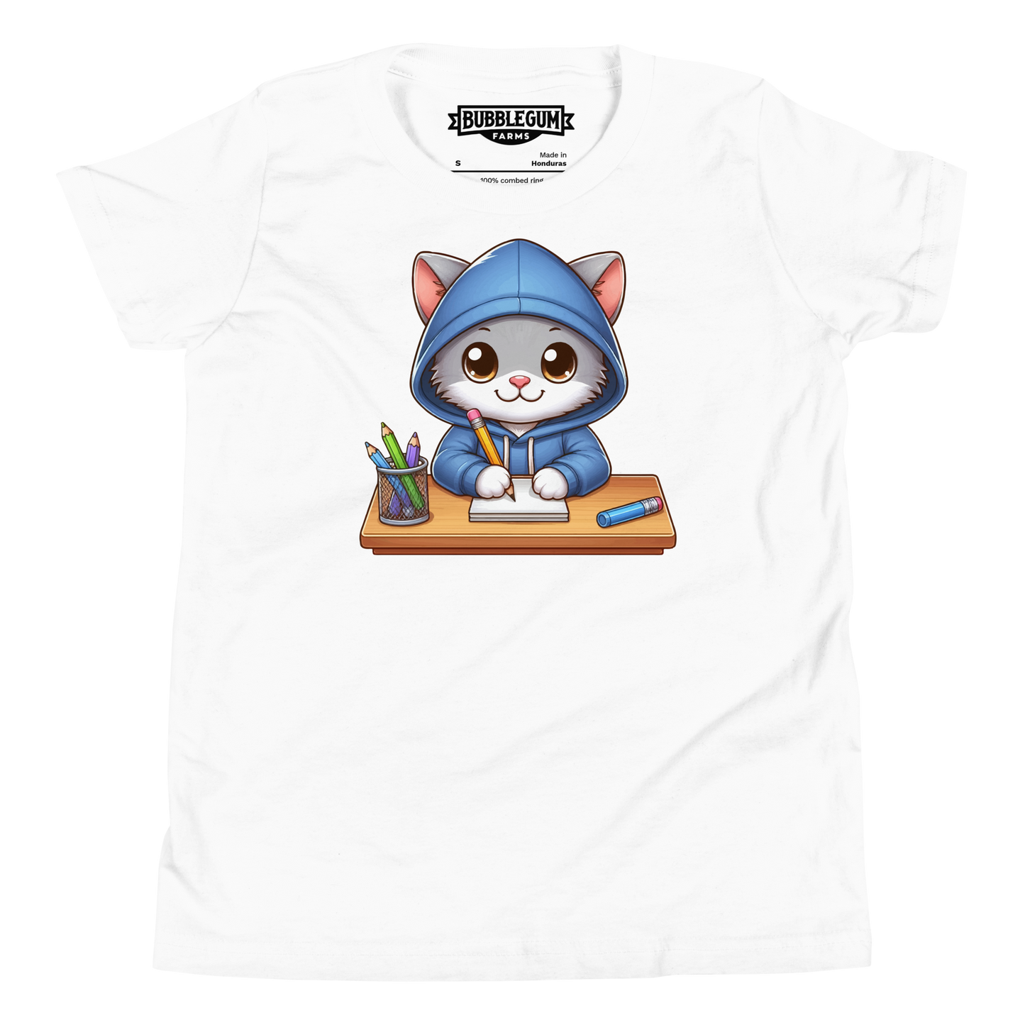 Grey Kitten Doing School - Youth Staple Tee