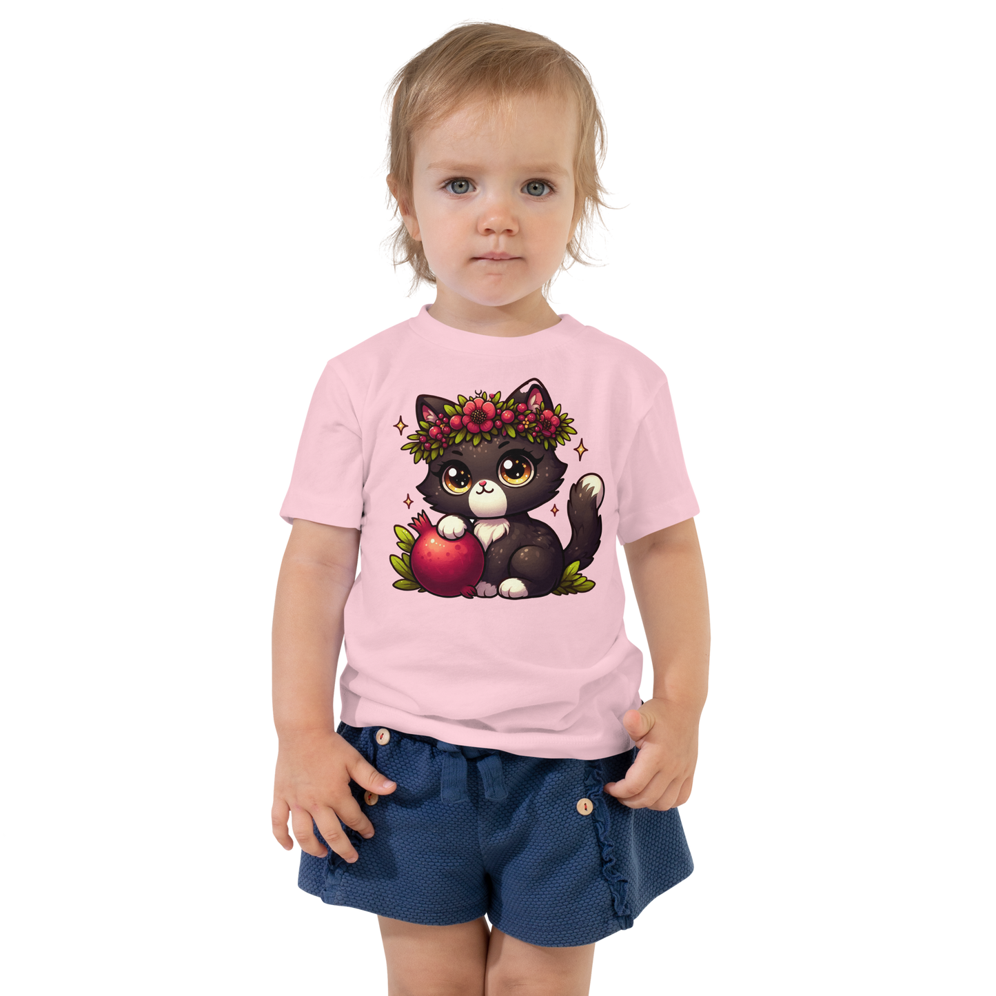 Black Kitten with Red Flowers - Toddler Tee