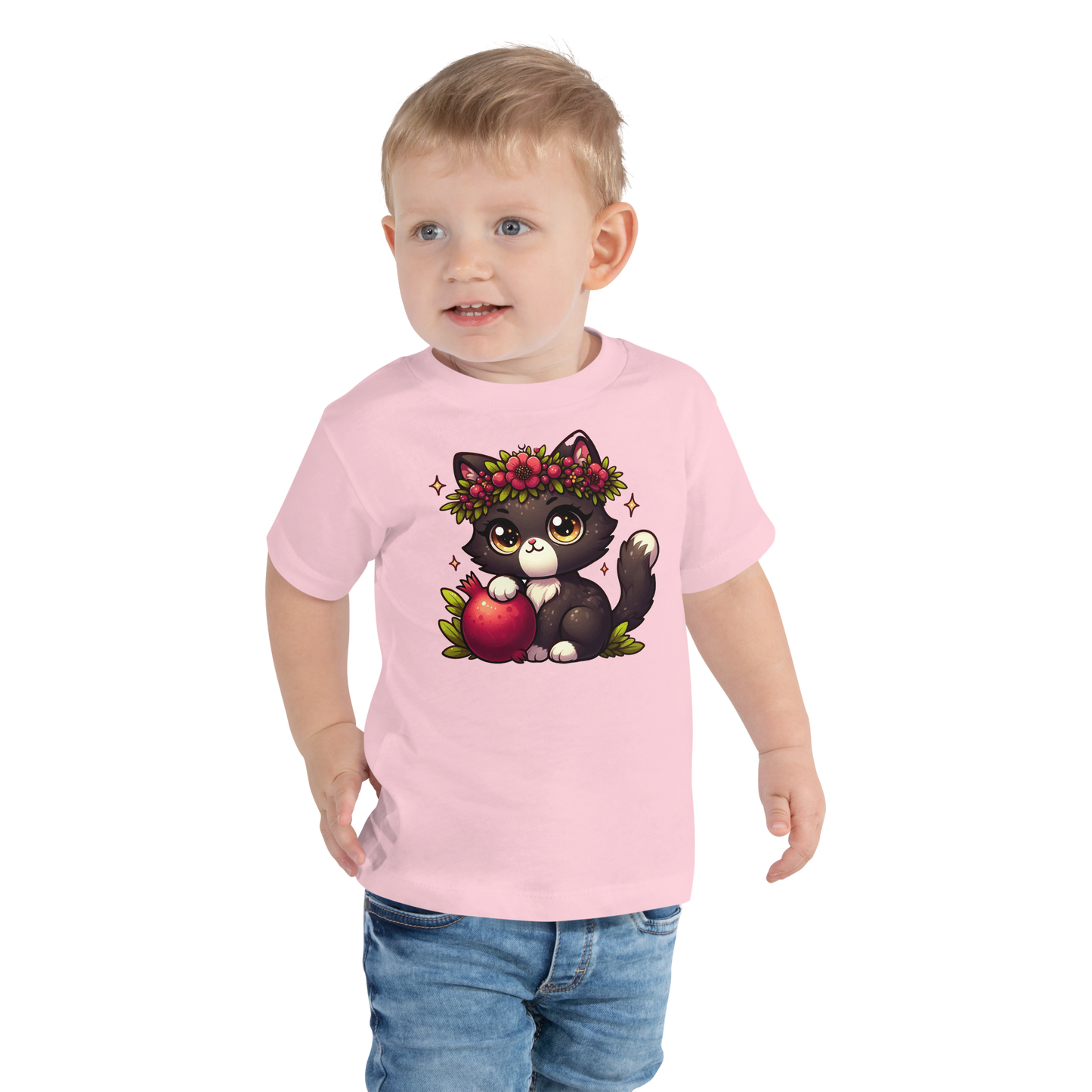 Black Kitten with Red Flowers - Toddler Tee